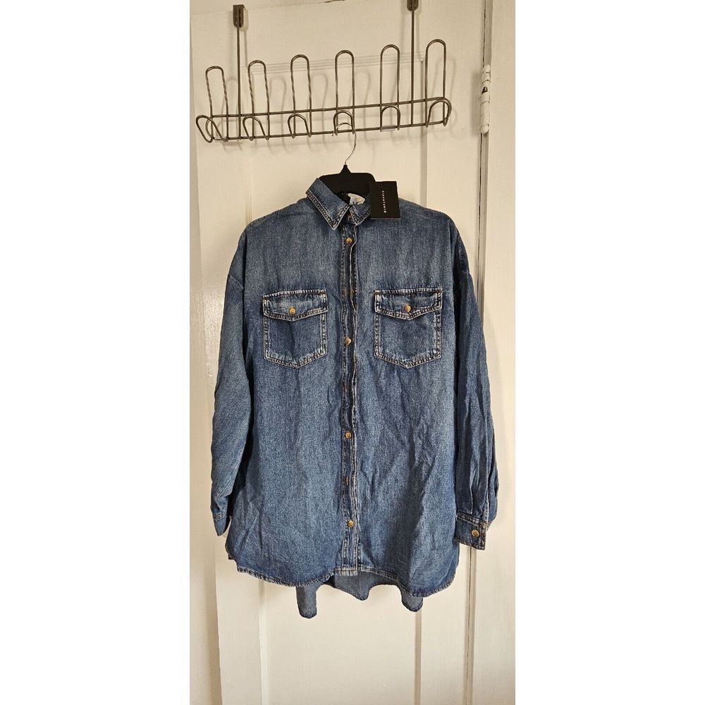 NWT Signature 8 Women Sz Small bell long sleeves high low denim shirt dress